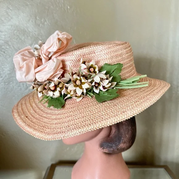 DELIGHTFUL 1960s' IVORY/PEACH STRAW FEDORA + FABRIC FLOWERS & TAFFETA BANDS
